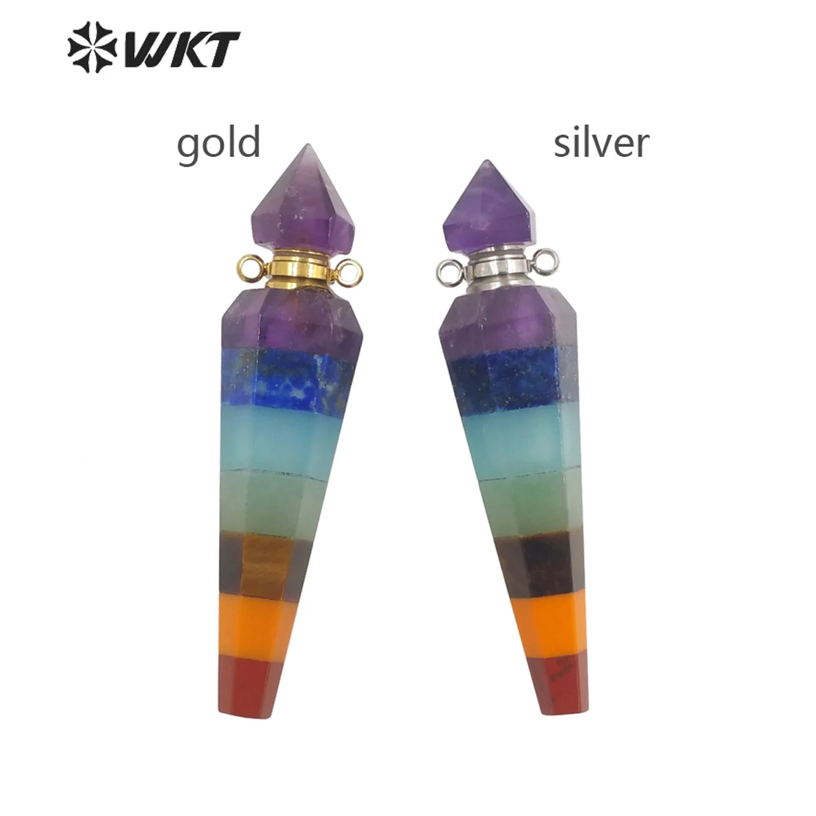 WT-P1870 Wholesale Fashion Energy CONICAL Shape Stone Pendant Load Perfume Bottle For Necklace Seven Chakela Bullet Design