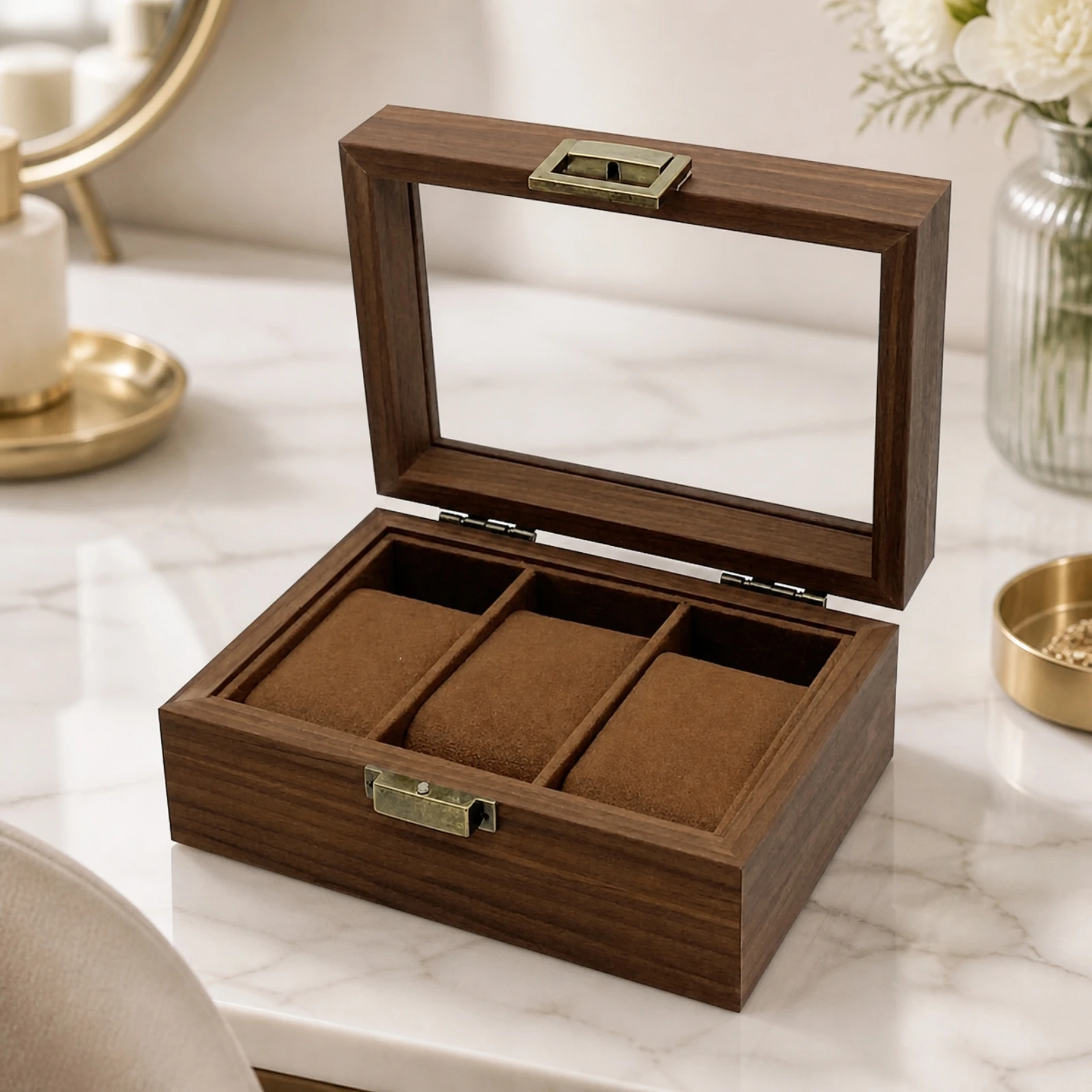 3-Slot Watch Display Box with Velvet Cushions Transparent Walnut Finish Watch Holder Box Sturdy Space-Saving for Dresser