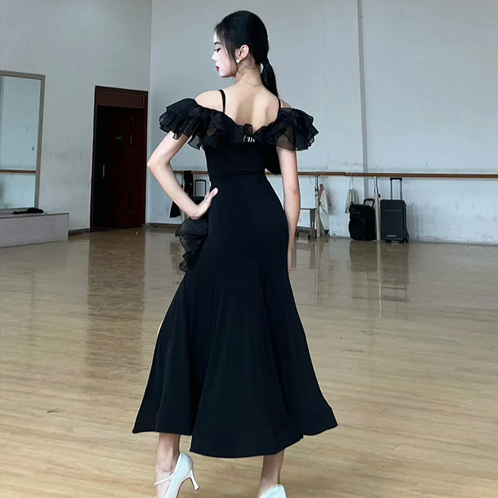 New Ballroom Dance Dress Women Balck Off Shoulder Top High Slit Skirt Standard Waltz Dance Dresses Dance Competition Wear VDL535