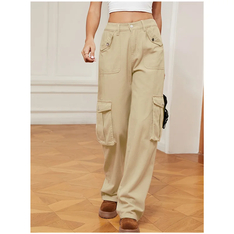 

Khaki Color Womens Jeans High Waist Vintage Straight Baggy Pants Cargo Design Sense Streetwear American Wide Leg Denim Trouser