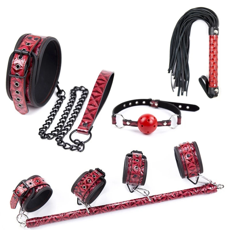 BDSM Kits Open Legs Handcuffs Ankle Cuffs Adult Toys Gag Ball Dog Collar Whip Bondage Set SM Sex Slave Restraint Sex Toys Set