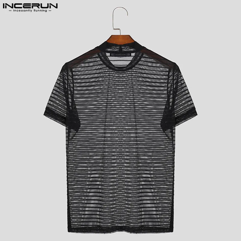 INCERUN Summer Short Sleeve Men T-Shirts Round Neck Short Sleeve Mesh Striped T Shirts Chemise Oversize Men Clothing S-5XL image 3