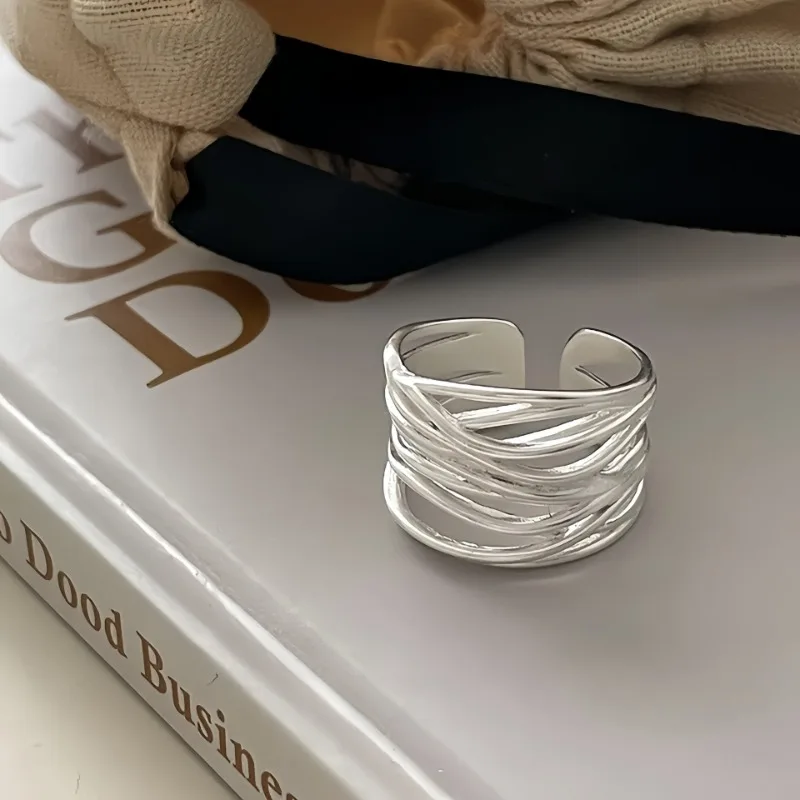 Women's 925 Sterling Silver Geometric Irregular Lines Open Ring