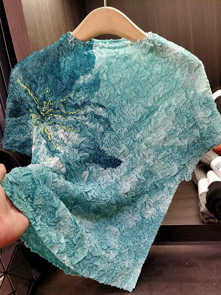 Sansheng high-end design tie dye printed pleated top temperament commuting versatile short sleeved T-shirt women's summer new st