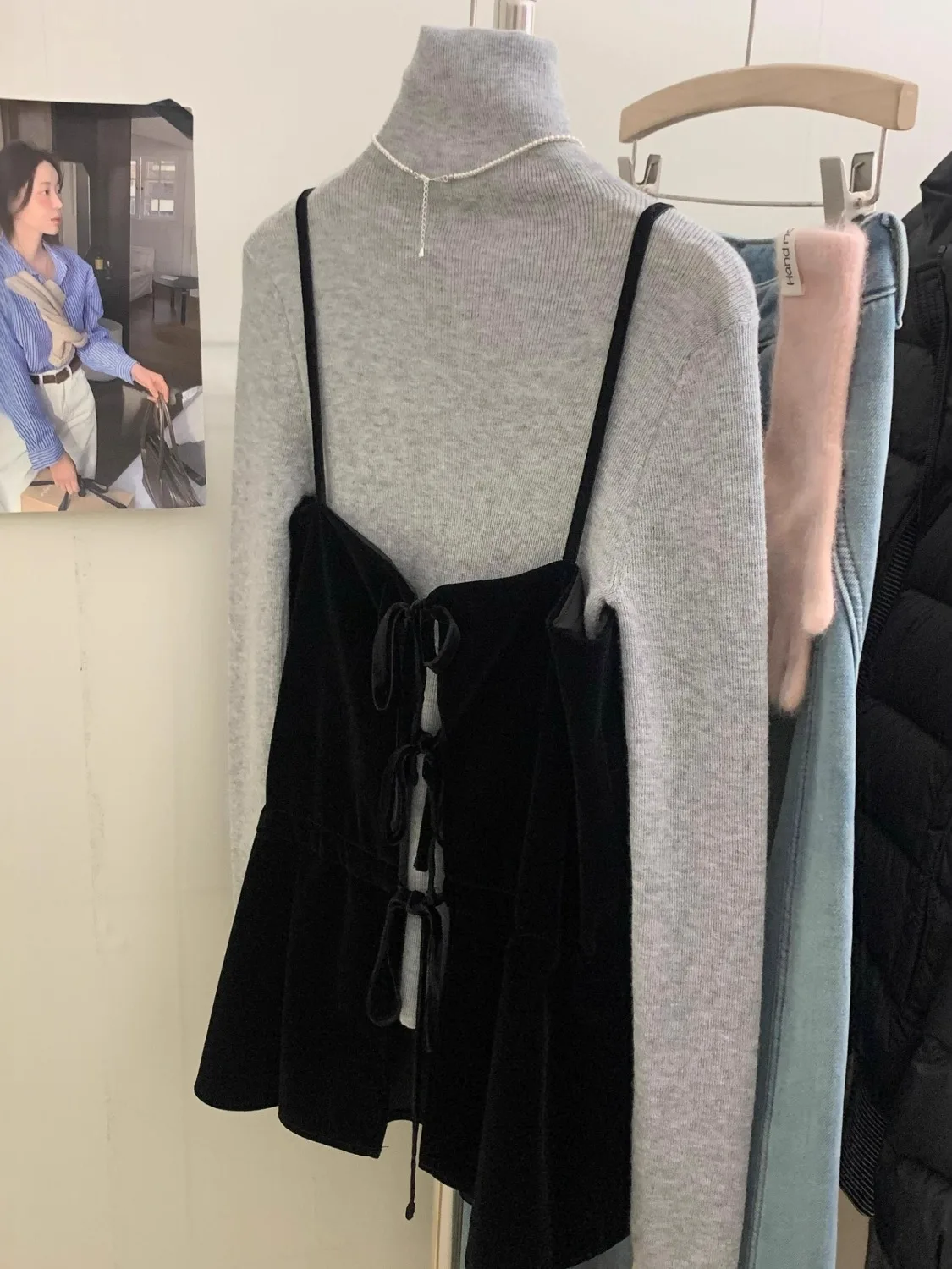 

Korean Sle Velvet terne Set Women's Autumn Winter Casual Pure Color Base Layer Tied Knot Two Piece Set