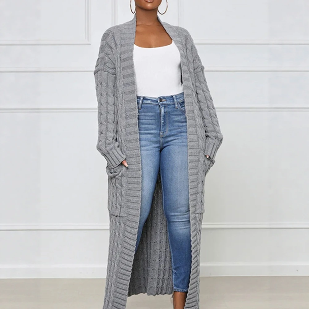 سترة طويلة المرأة سترة الخريف محبوك الشتاء الكروشيه فضفاضة طويلة الأكمام الربيع سترة دافئة البلوز السببية بالأزرار