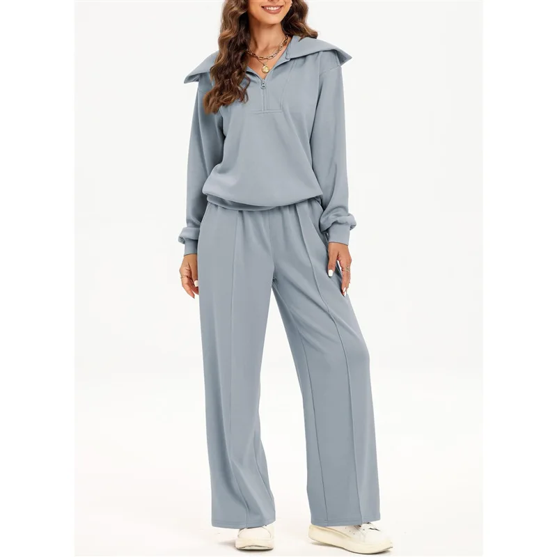 Two Piece Sets Women Tracksuit Top Pullover Solid Colour Sweatshirt Zipper Wide Leg Pants Suit Loose Fit Sports Casual Outifits