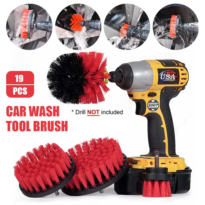 19pcs Car Beauty Brush Kit Interior Dashboard Crevice Tire Cleaning Electric Drill Brush Car Wash Sponge Towel Tool Waxer