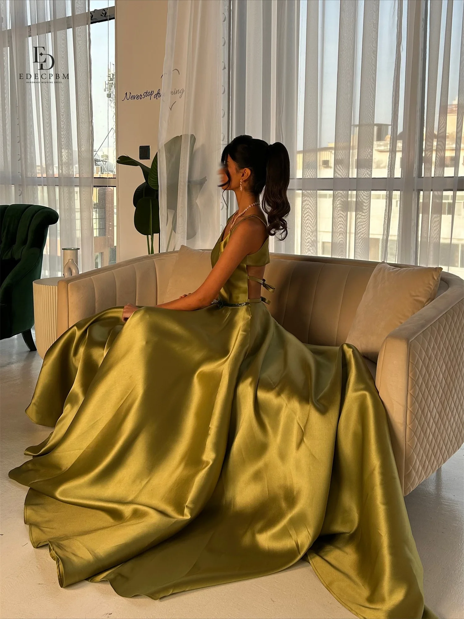 EDECPBM Aangepaste galajurk فسات dh Mohamed dzi Плае dziут Mohamed Damesjurken voor speciale gelegenheden Robes of Soiree Satijn Groen Feest