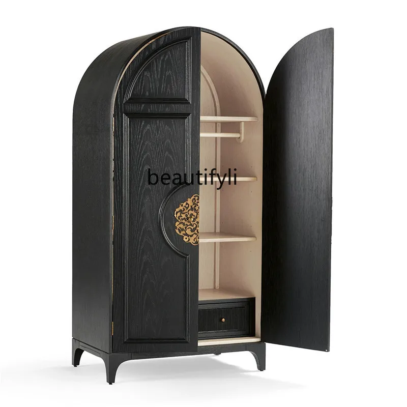 

French light luxury small apartment bedroom arched door integrated wardrobe American retro, black solid wood high wardrobe