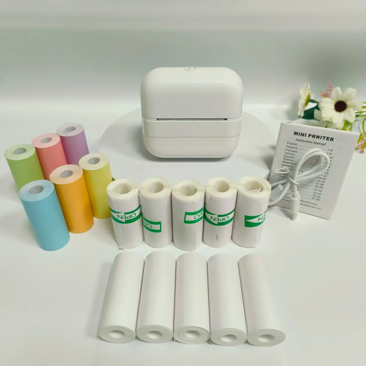 

Портативный настольный мини-принтер для этикеток с беспроводным подключением, 6 цветными рулонами термобумаги, 5 рулонами наклеек и 5 рулонами термобумаги