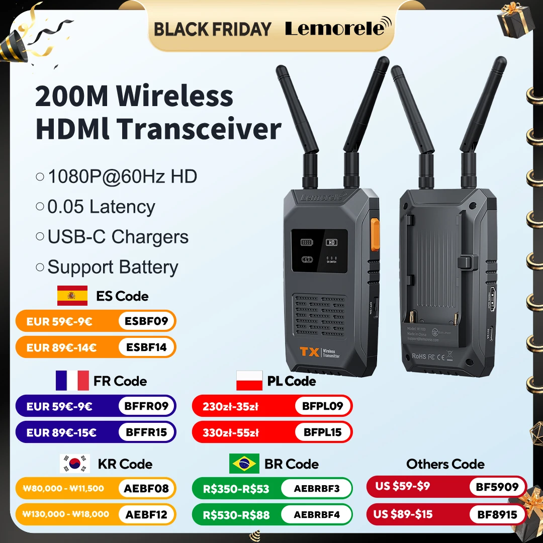 

Lemorele 200M Wireless HDMI Transmitter and Receiver 1080P Audio Video Transceiver for Photography Live Streaming PC Projector