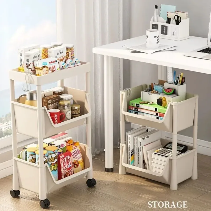 3/4/5 Layer White Trolley with Wheels Movable Storage Car Kitchen and Bathroom Supplies Storage Cabinet Practical Household Rack