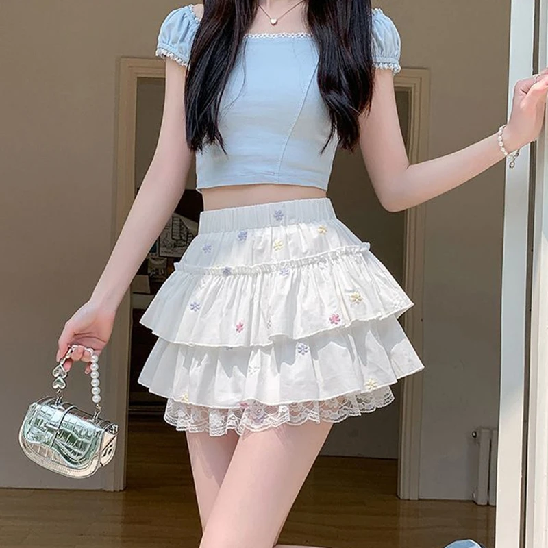 White Mini Skirts Women Lace Sweet Ball Gown Sexy French Style Ruched Ruffles Floral High Waist Summer Y2k Clothes Romantic Gril
