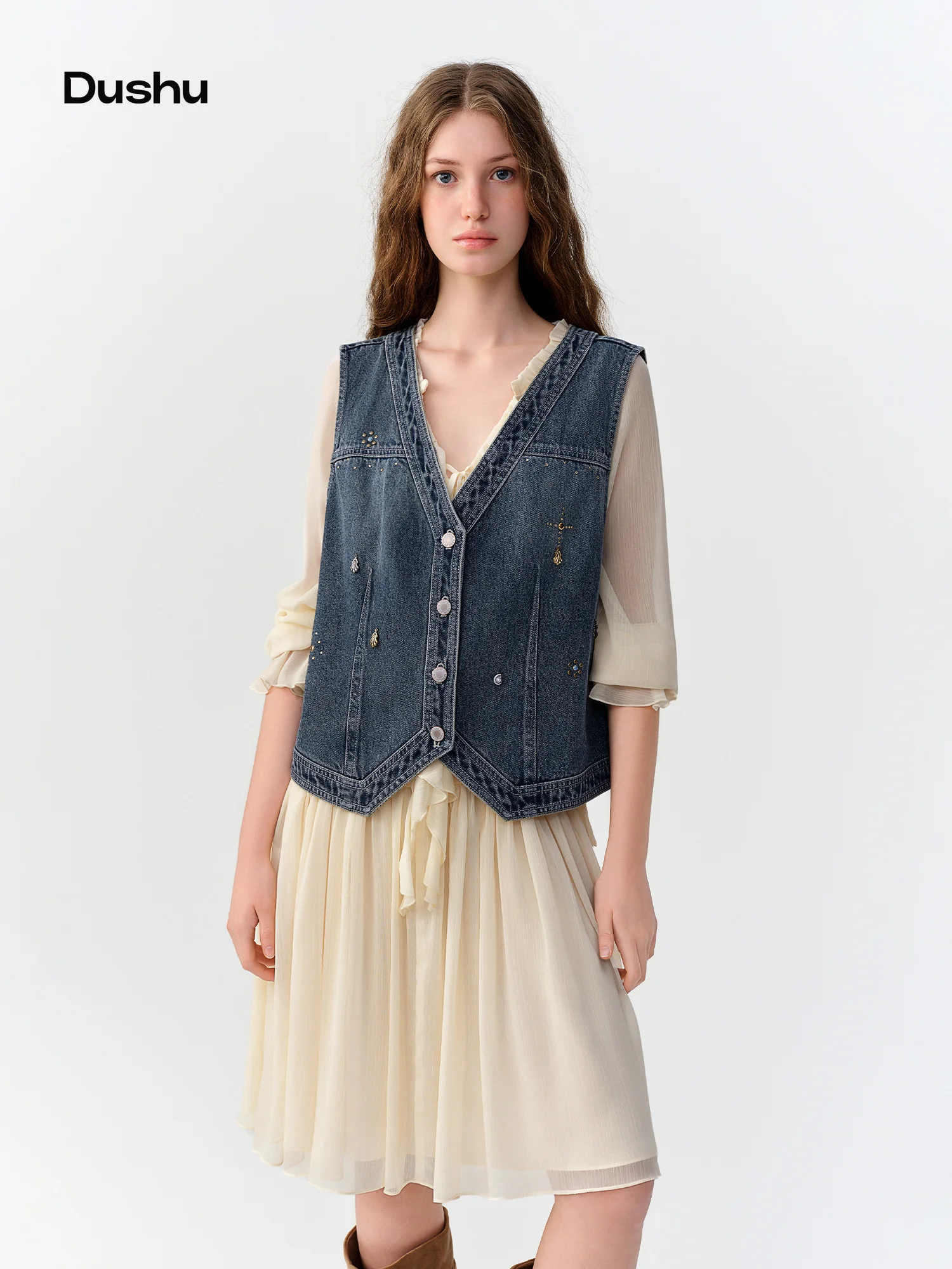 DUSHU V-neck Beaded Rhinestone-studded Vest New Autumn 2026 Denim Vest Jacket Women Retro Straight Loose Fit