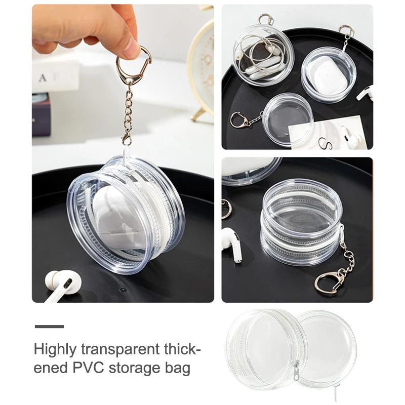 1Pcs Round Clear Hanging Bag Badge/Data Cable/Bluetooth Headset/Lipstick Storage Proof Display Pouch Plastic Thicken Wallet