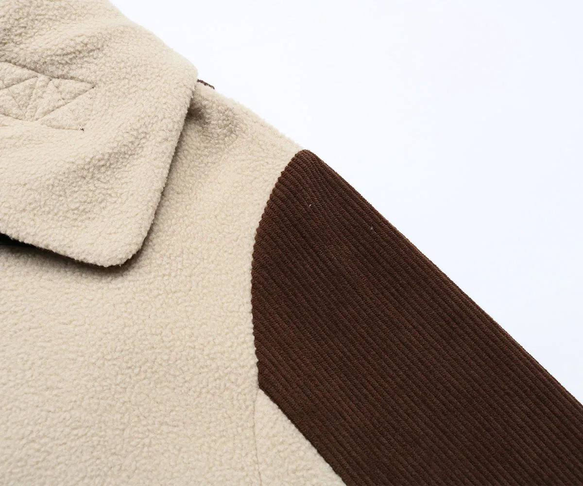 Jaket Wanita Warna Cokelat Beige dengan Blok Warna, Kerah Tinggi, Ritsleting, Saku Korduroi, Musim Gugur Musim Dingin, Kasual, Fashion, Slim Fit