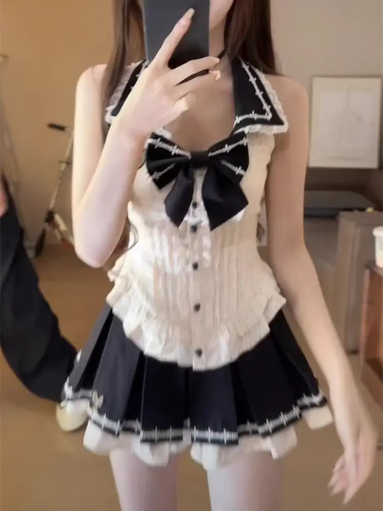 

Sweet School Uniform Two-Piece Set Polka Dot Blouse And Pleated Skirt Breathable Short Sleeve V-Neck Button-Up Slim Fit ...