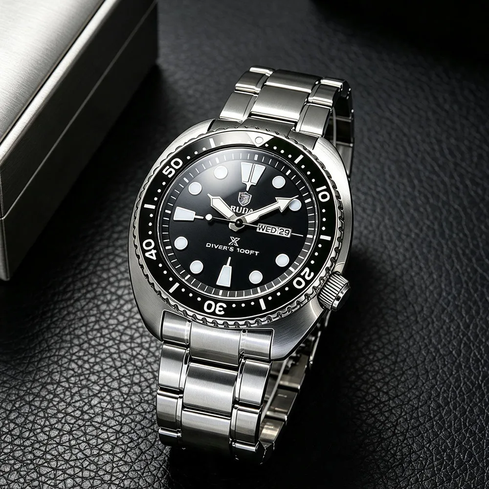 Two-Color Rotating Playable Ring Steel Belt RUDA Quartz Watch Double Calendar Devil Fish Watch Men's Business Watch