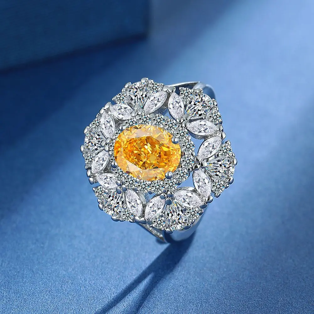 

Кольцо с цветком из стерлингового серебра 925 пробы овальной огранки, натуральный желтый цитрин, регулируемое для женщин, эффектное модное ювелирное изделие с драгоценными камнями, подарок