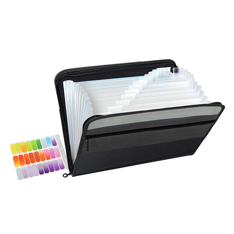 T04C-13 Pockets Expanding File Folder A4 Plastic Document Wallet Organizer For Personal Office Stationary Storage(Black)