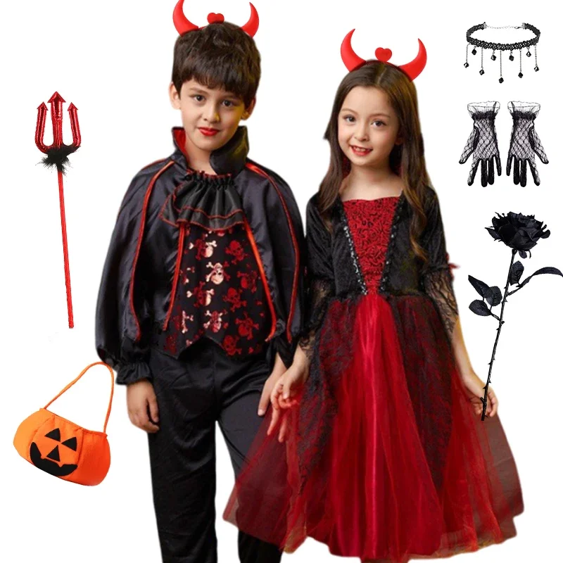 

Girls Boys Vampire Dress Kid Ghost Bride Gothic Cosplay Vampire Devil Bat Halloween Costume Vampiran Carnival Outfit Clothes