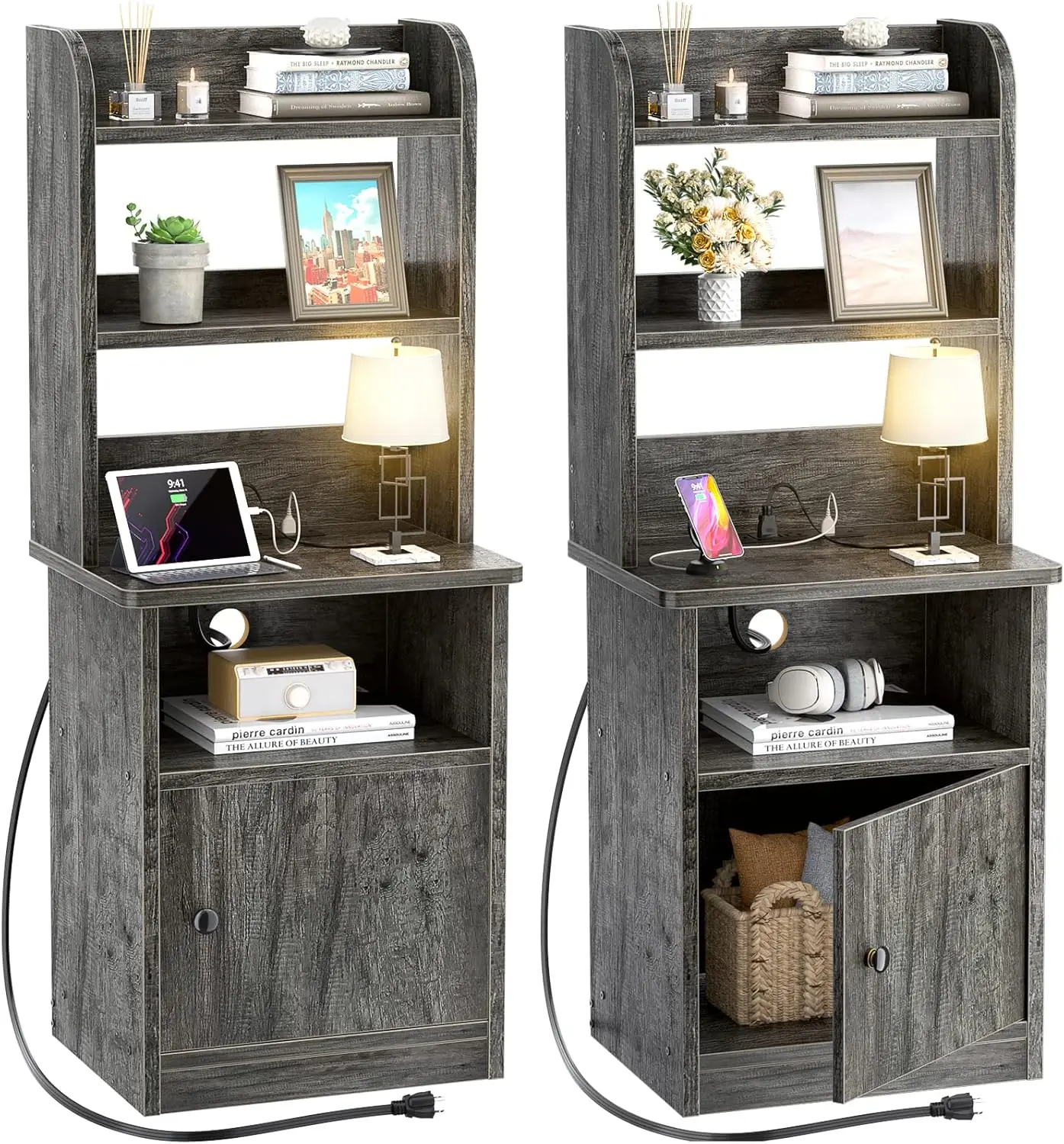 

Set of 2 with Charging Station and USB Ports - 47" Tall Bedside Table with Adjustable Bookshelf