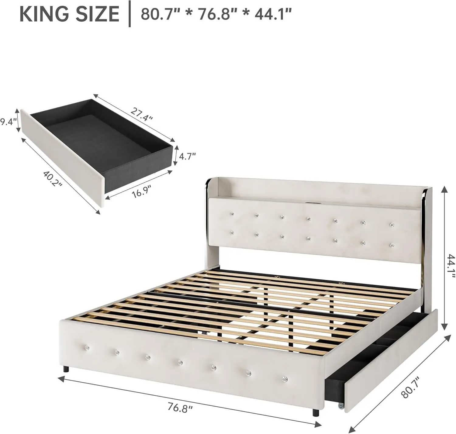 Idealhouse King Size Bed Frame With Storage Headboard, Velvet Upholstered Platform Bed Frame With 4 Storage Drawers, Built In