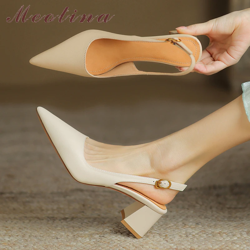 

Женские туфли-слингбэки Meotina из натуральной кожи с острым носком на толстом среднем каблуке с пряжкой, модная женская обувь весна-осень, бежевые, размер 43