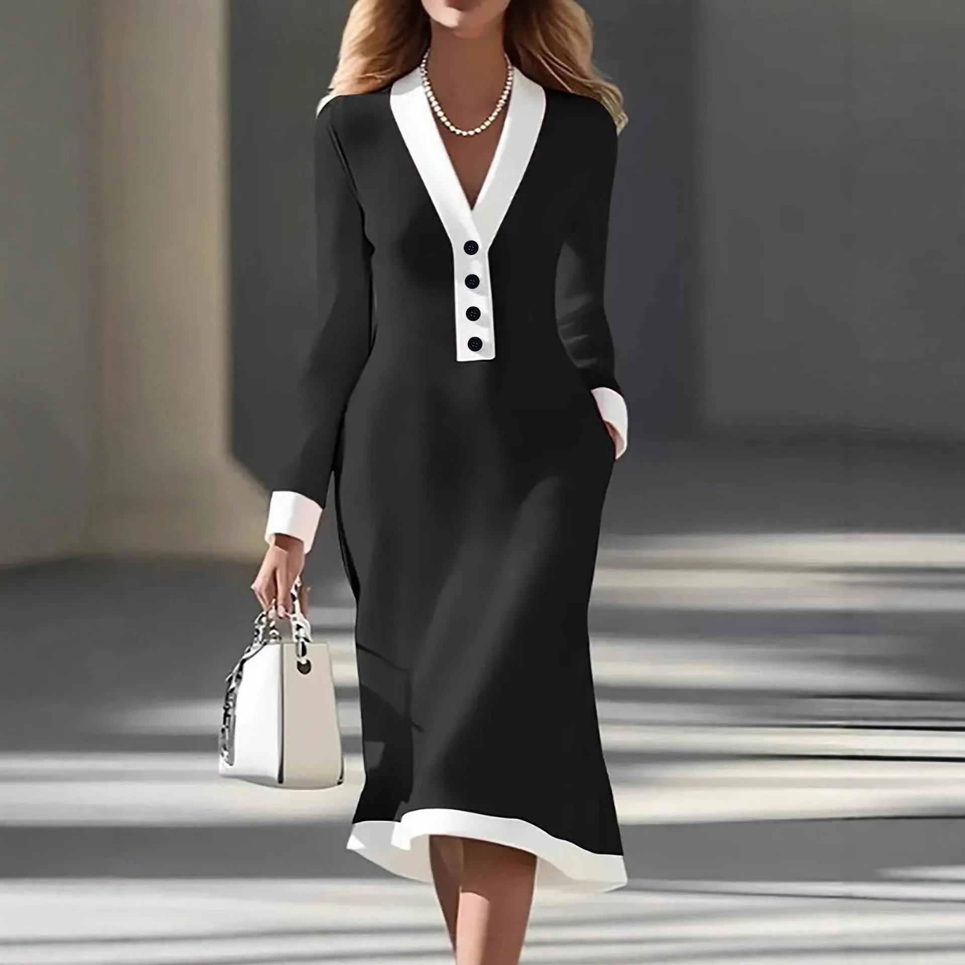 

2025 New Fashion Color Matching Button Hip Dress Women Autumn Sexy And Elegant Striped V-neck Long-sleeved Dresses For Women