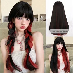 26Inch Black and Red Special Style Synthetic Wigs With Bang Long Straight Hair Wig For Women Daily Use Cosplay Heat Resistant