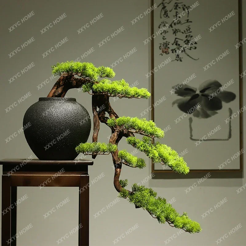 Cliff-Style Artificial Greeting Pine Arborvitae Bonsai Living Room and Hotel Tea Room Fake Pine Tree Ornaments