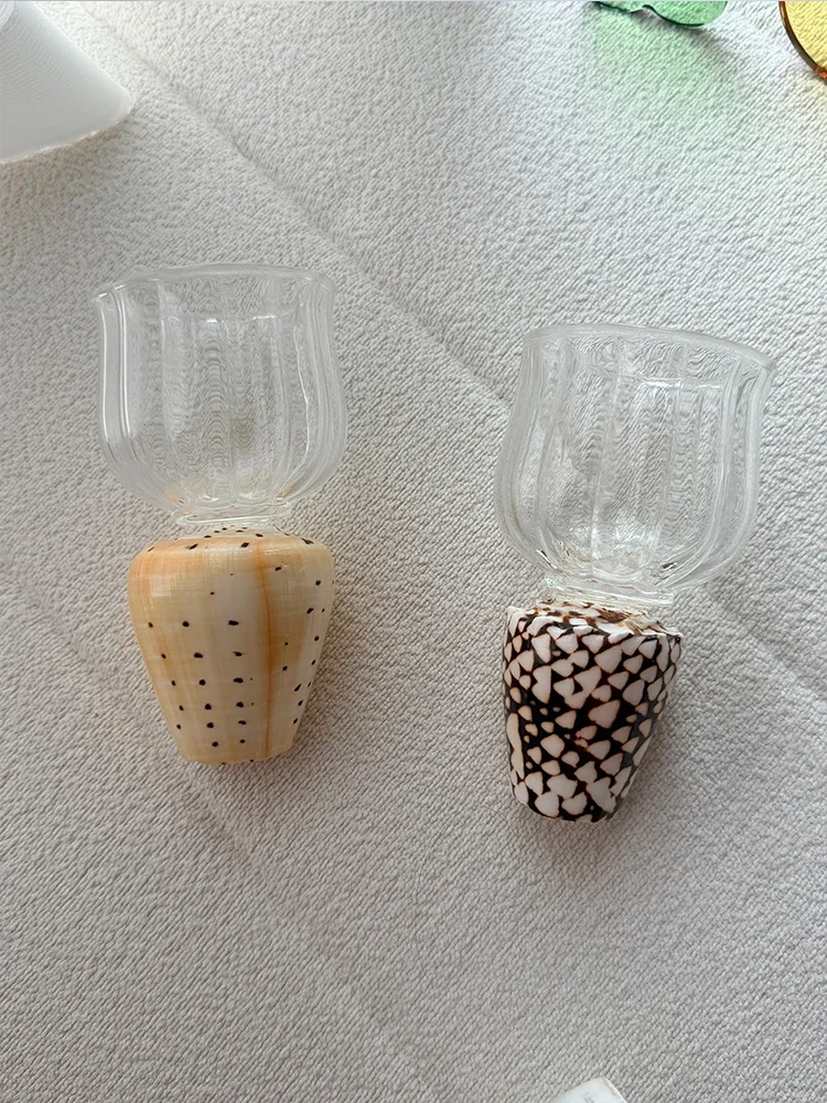 Glass Sea Shell Champagne Flutes, Mini Conch Cups Set - Leopard & Checkerboard Print for Wedding, Party Decor, New Year Gift
