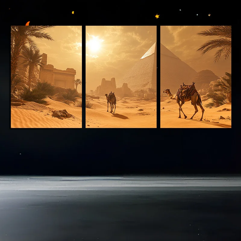 2D Flat, Frameless Set of 3 Canvas Wall Art Wall Decor for Bedroom Living Room Home Decor Camels Crossing the Desert