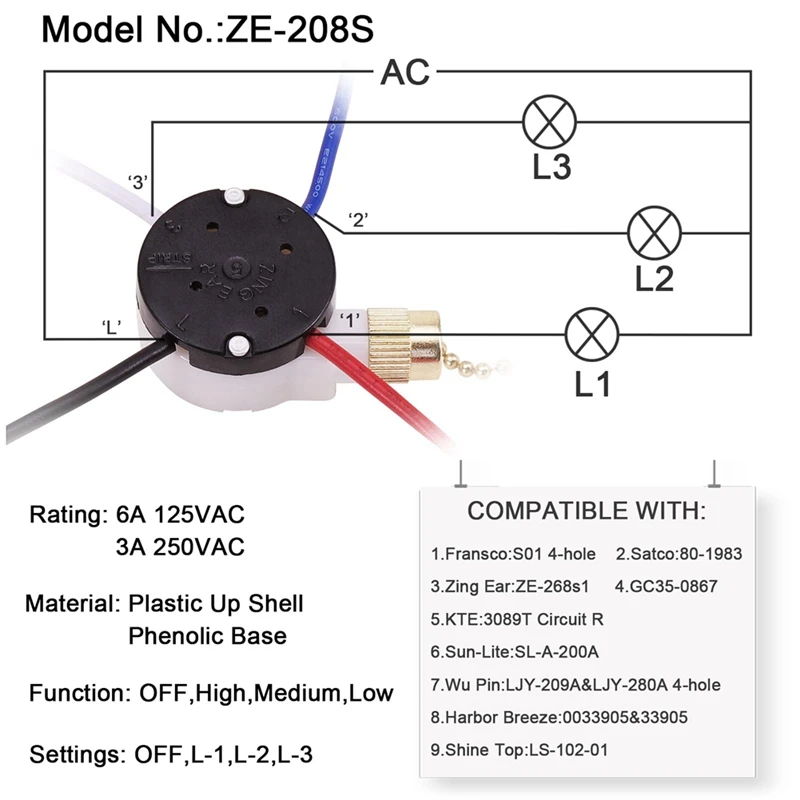 Ceiling Fan Switch Kit 3 Speed 4 Wire, Fan Switch Zipper Speed Control Switch, ZE-208S Pull Wire Switch with Rope Gold