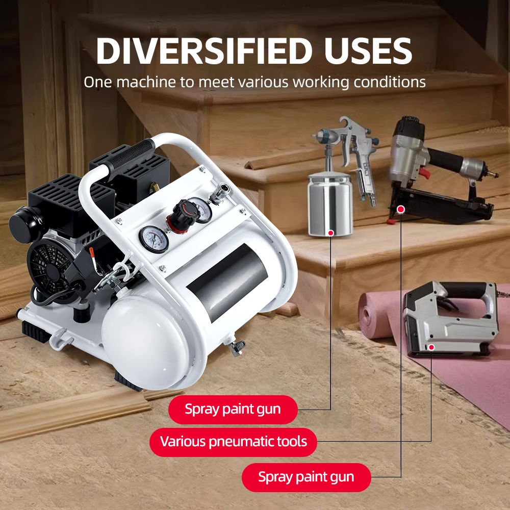 Compressore d'aria a pistone dentale elettrico portatile 220V 1HP 128L/min con serbatoio d'aria in alluminio da 8 litri