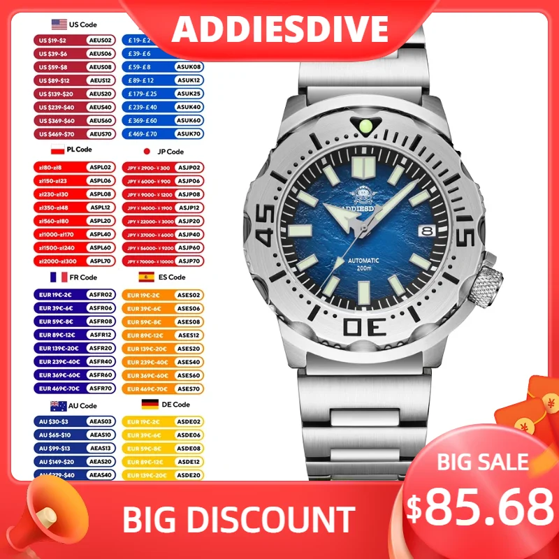 ADDIESDIVE New Sapphire NH35 Automatic Mechanical Wristwatch 200M Waterproof Super Luminous Stainless Steel AD2047 Watch For Men