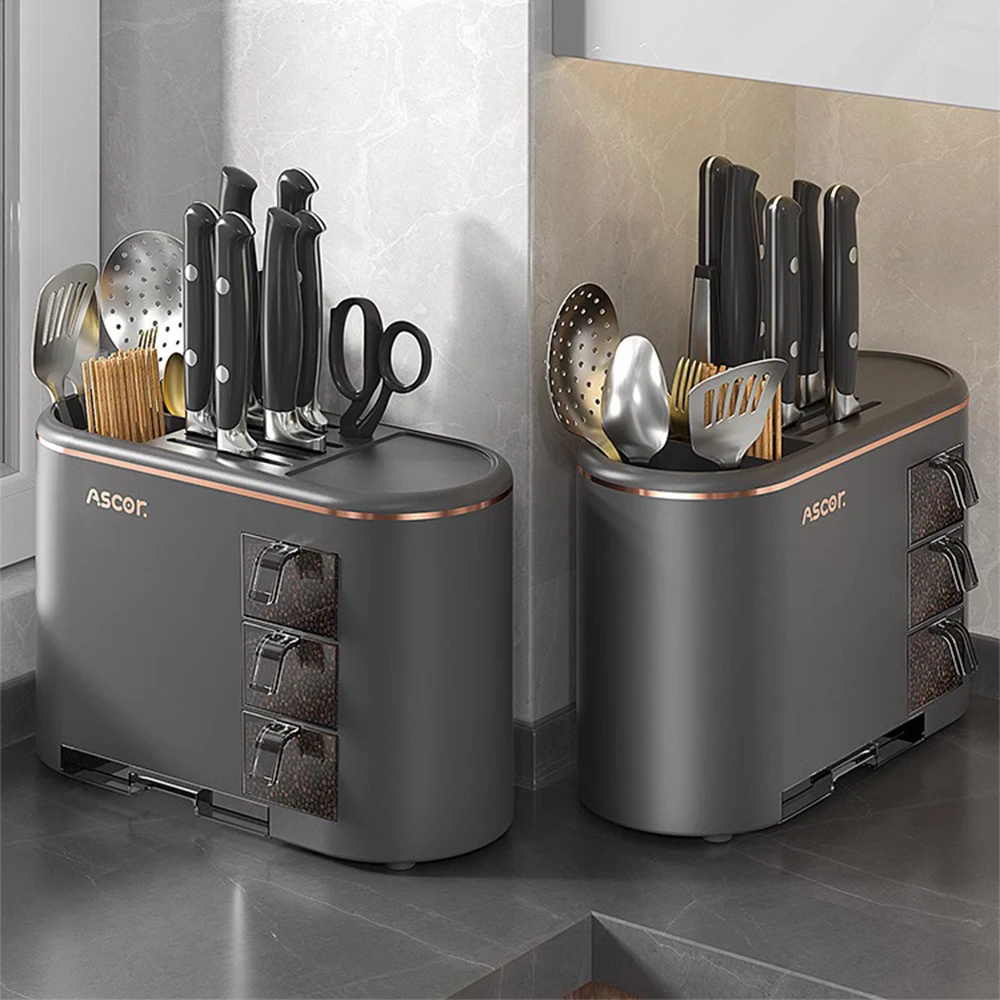 

Kitchen Storage Rack Organizer Shelf Knife Holder Chopstick Storage with Seasoning Box and Drain Rack Kitchen Storage Organizer
