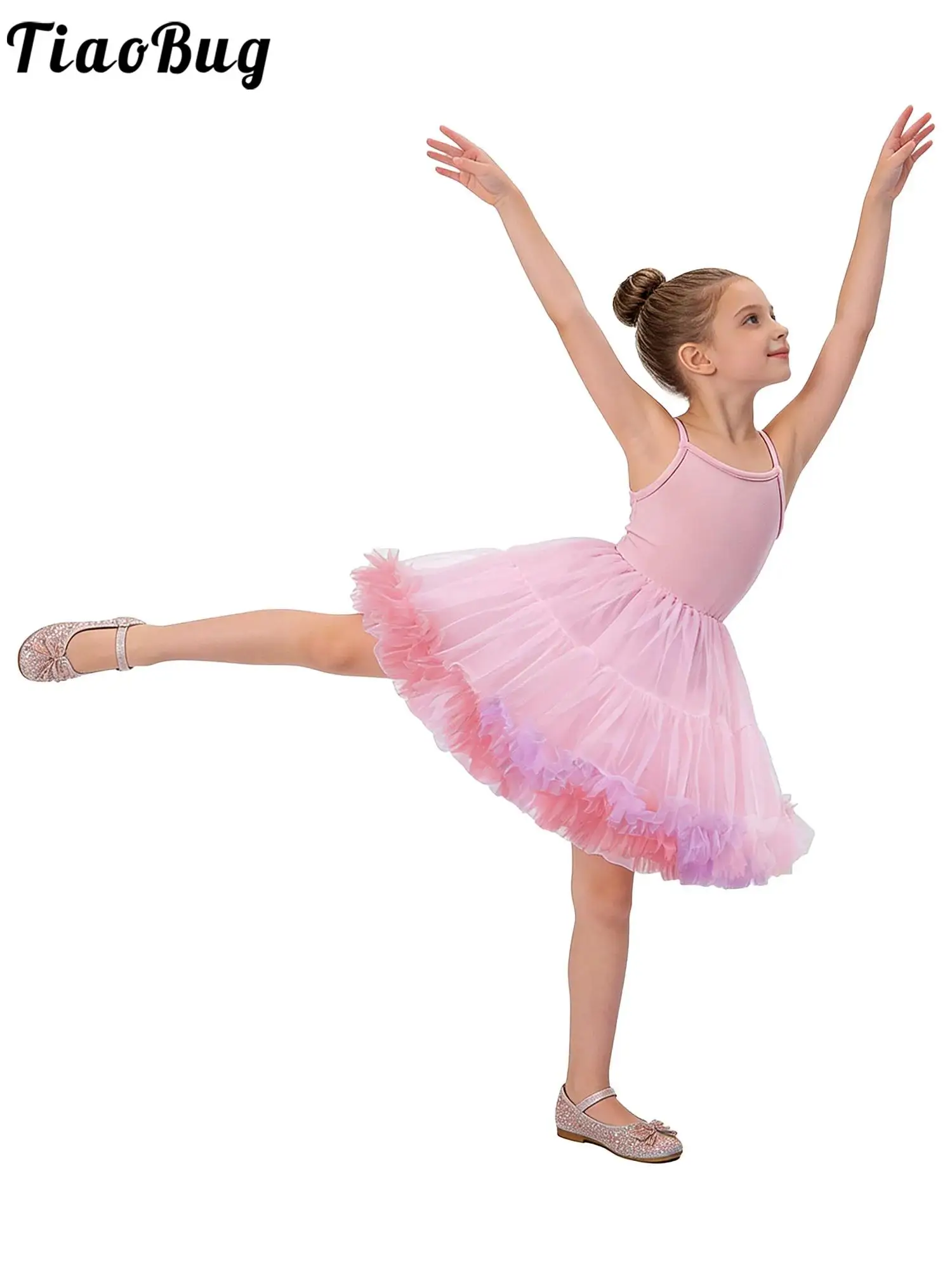 Kids Girls Ballerina Jazz Dance Tulle Tutu Dress Spaghetti Strap Princess Outfit for Birthday Party Pageant Wedding Flower Girl
