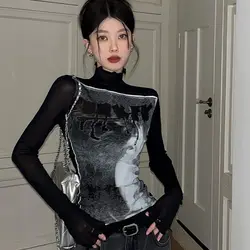 American Retro High Neck Printed Mesh T-shirt for Women's Autumn and Winter New Slim Fit Long Sleeved Base Shirt Top