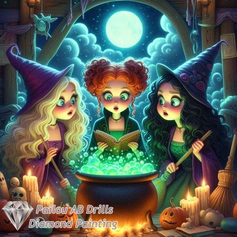 Hocus Pocus Halloween Film 5d Diamond Painting AB Drills Cartoon Sanderson Sister Three Witches Cross Stitch Mosaic Home Decor