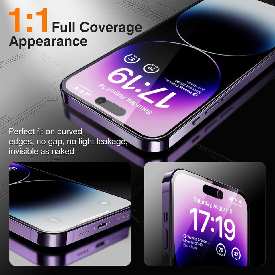 NNBILI 2 Piezas Vidrio Templado de Privacidad de Cobertura Completa para iPhone 17 16 15 14 13 12 11 Pro Max Compatible con Funda, Sin Burbujas 6