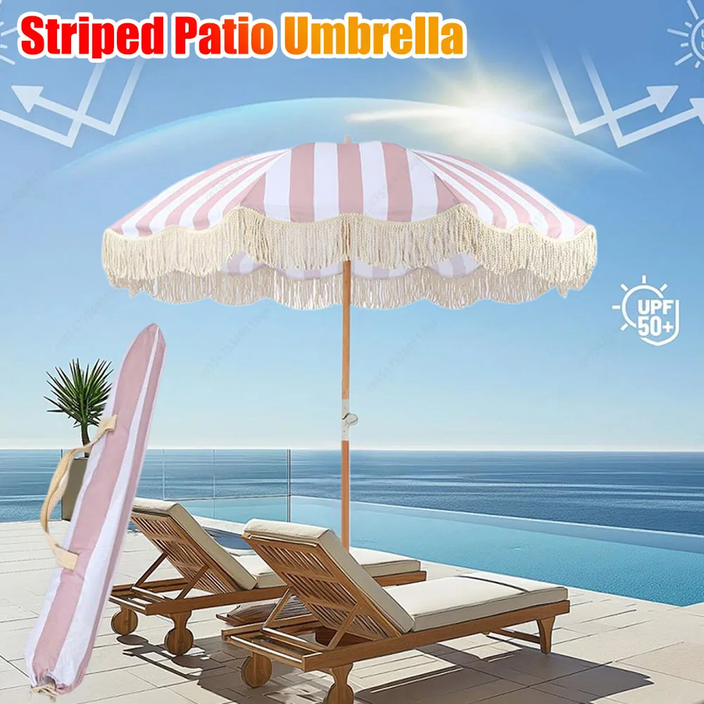 Striped Outdoor Sunshade Umbrella with Fringe Portable Tassel Umbrella with Tilt Pole Sun Shelter for Garden Pool Backyard