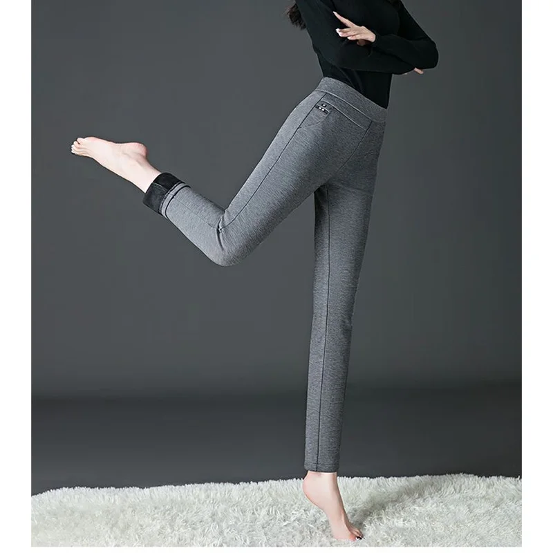 Pantalon décontracté chaud et amincissant pour femme, tube droit élastique, taille haute, peluche, épais, automne, hiver, 2023