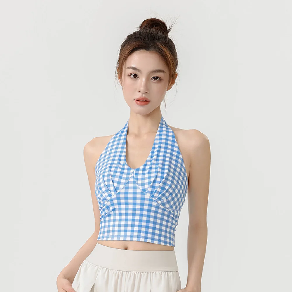 Breathable Plaid Halter Yoga Tank Top V Neck Slim Fit Cropped Sports Bra Quick Dry Workout Running Fitness Activewear