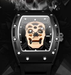 Retro Skull Hollowed Out Men's Watch Square Silicone Strap Quartz Watch 2024 New Business Casual Sports Watches for Man