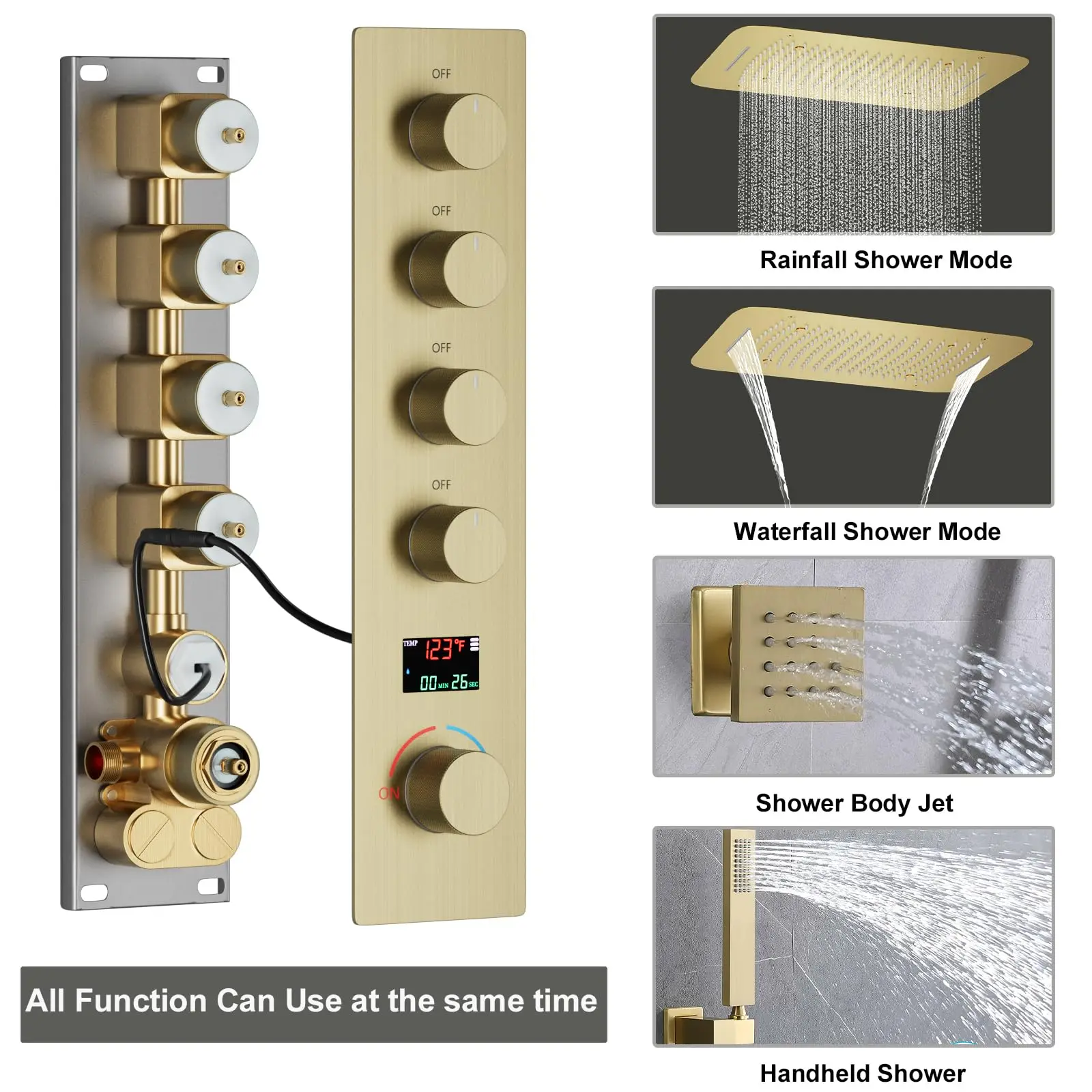 Brushed Gold Uncoated Brass Thermostat Rainfall Shower Mixer Faucet Set Luxury Digital Display Shower Complete Set