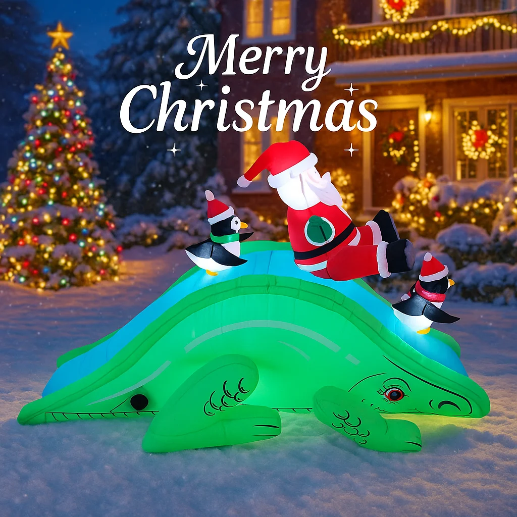 6.89FT Outdoor Holiday Decoration Inflatable Santa Penguins Dinosaur Slide Toy Festive Xmas Ornament Yard Decor Supplies LED