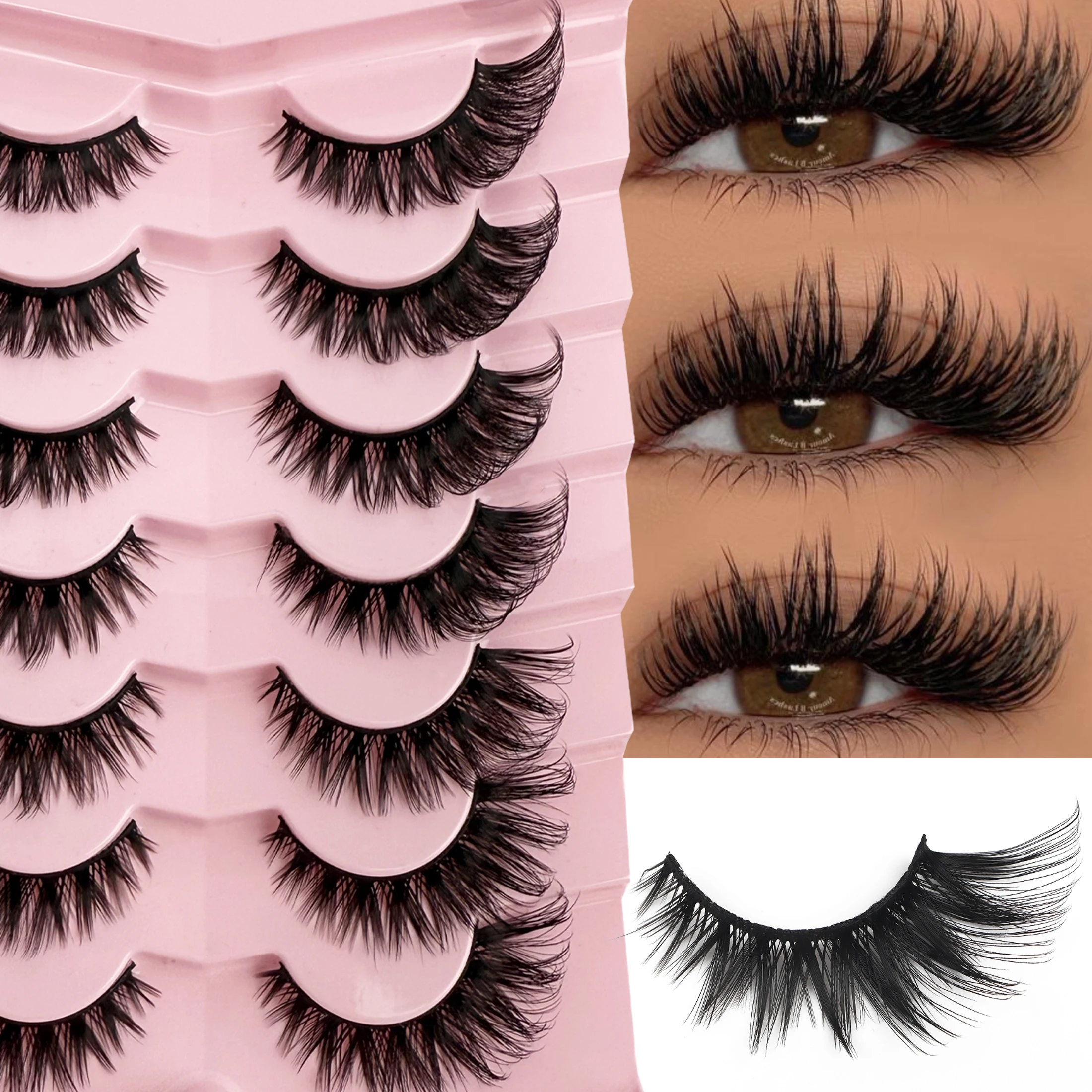 7 Pairs Wet Manga Faux Mink Lashes Wispy Fluffy Long Curly False Eyelashes for Daily Party Eye Makeup