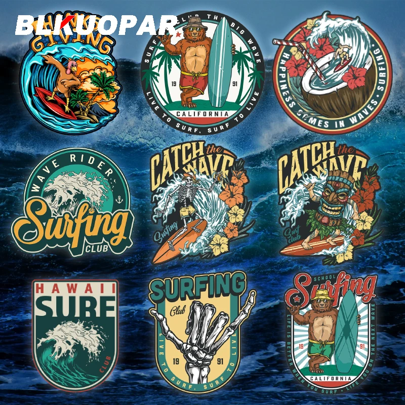 BLKUOPAR 13cm Hawall Surfing Bear Rider Catch Wave Summer Skeleton California Sign Icon Car Sticker Motorcycle Helmet Decoration